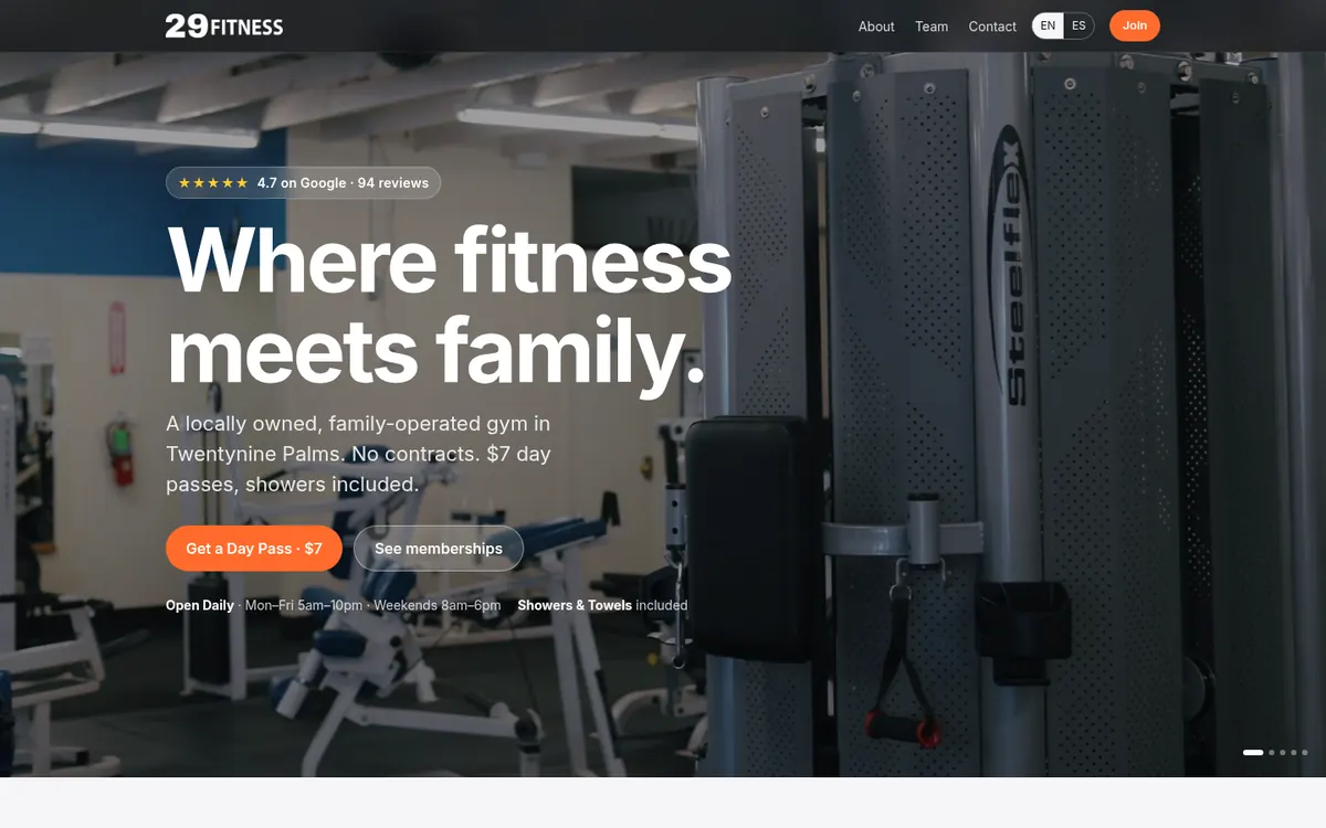 Screenshot of the 29 Fitness redesign preview homepage
