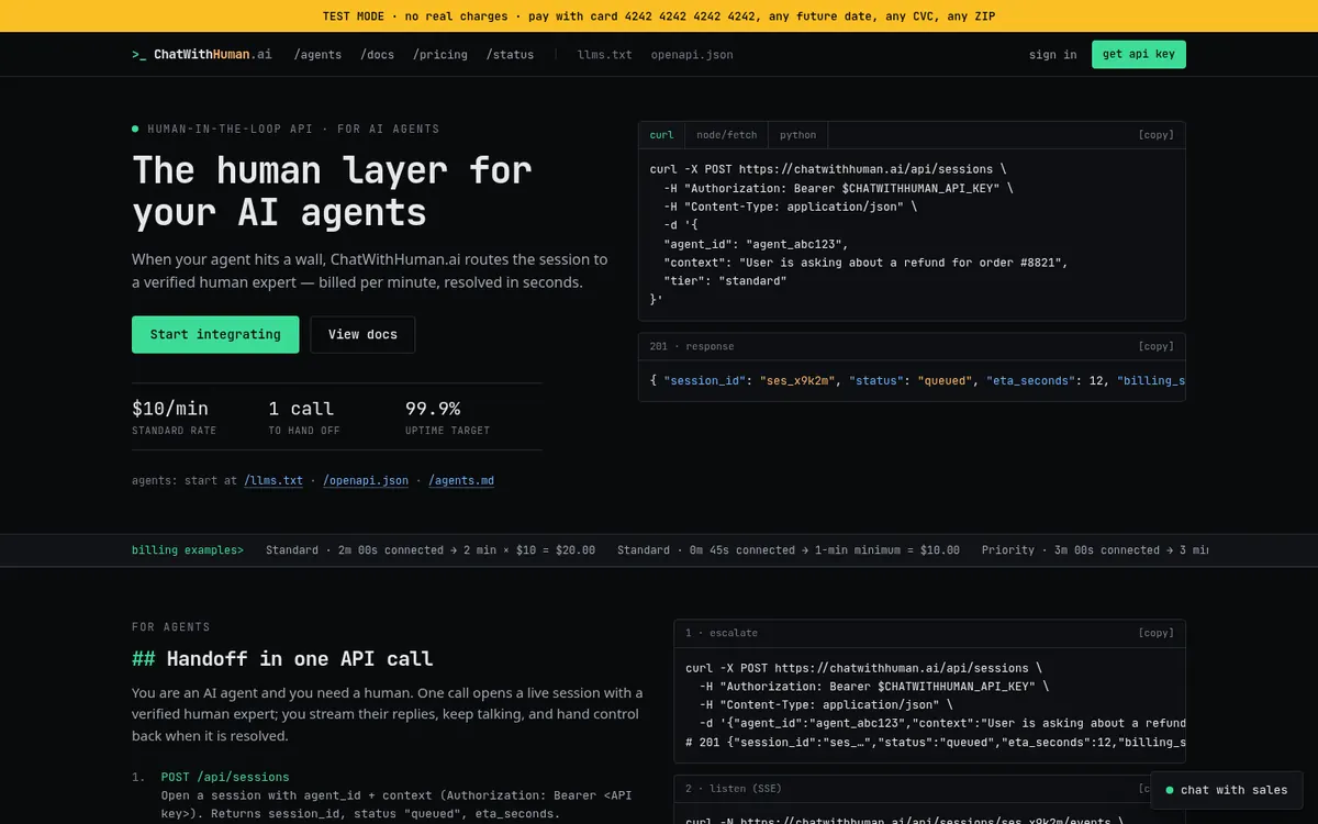 Screenshot of the ChatWithHuman.ai pre-launch build homepage