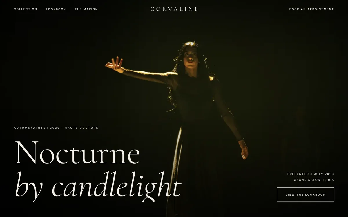 Screenshot of the Maison Corvaline concept homepage: a figure in a black gown lit by candlelight, headline Nocturne by candlelight