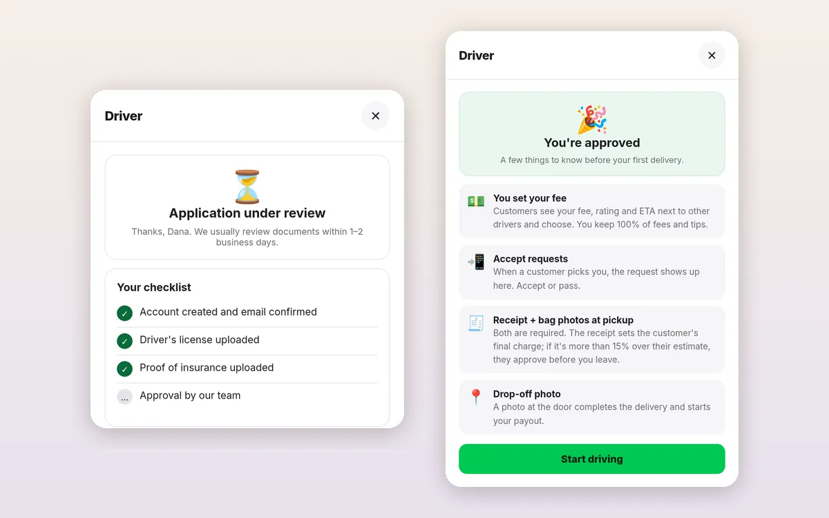 Driver screens from the delivery app demo build: application under review, and approved driver onboarding
