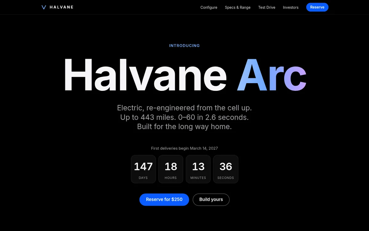 Screenshot of the Halvane Arc concept launch site with a delivery countdown and a Reserve button