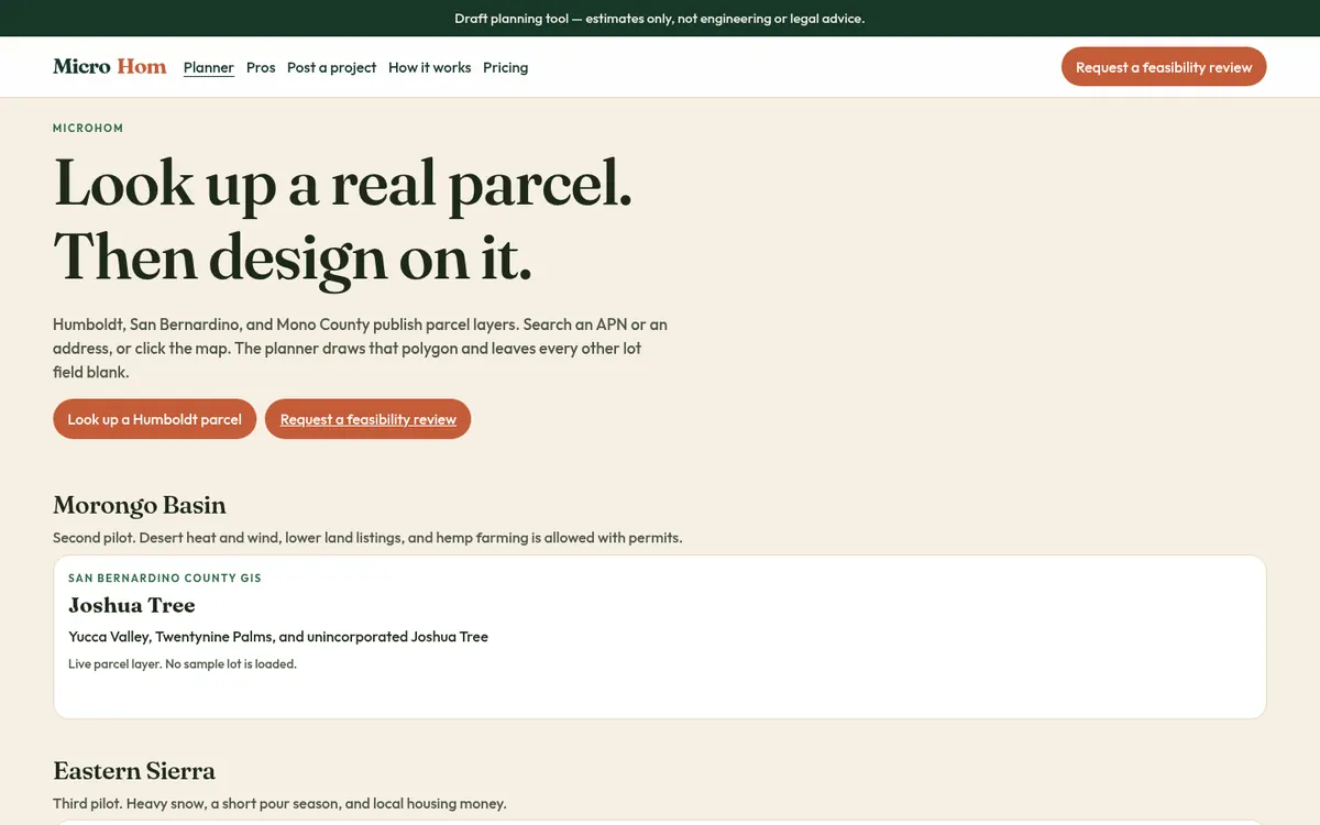 Screenshot of the MicroHom planner homepage